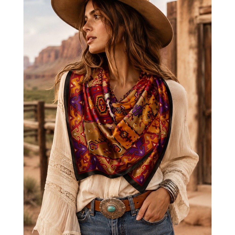 SW Southwestern Geometric Patchwork Squareโ Scarf Red Purple Orange 29x30